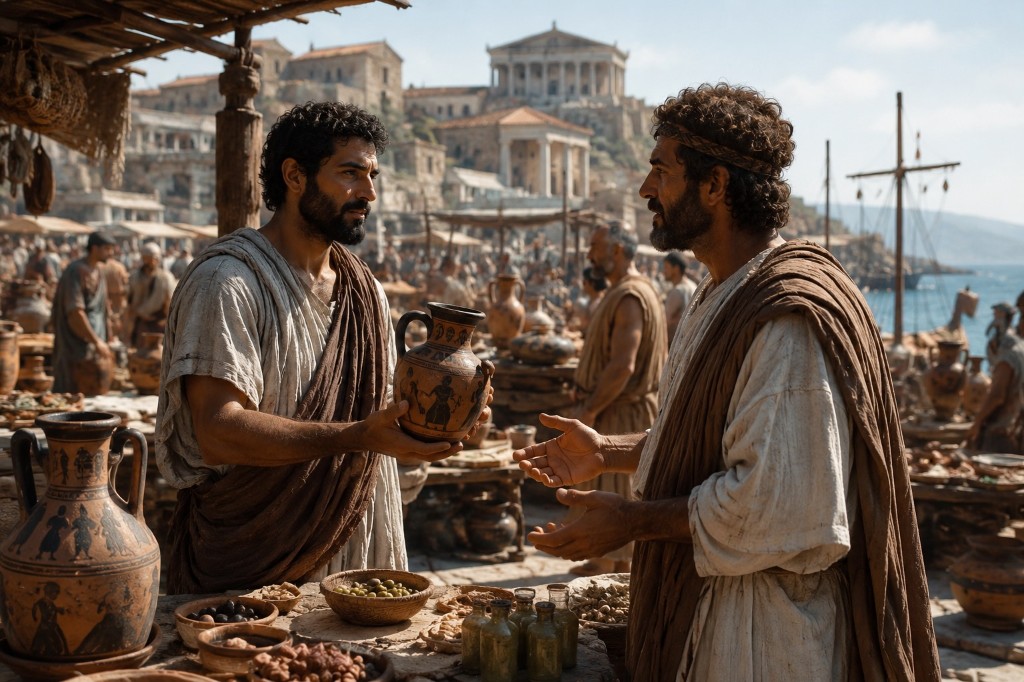 Two traders exchanging goods at an ancient Mediterranean market